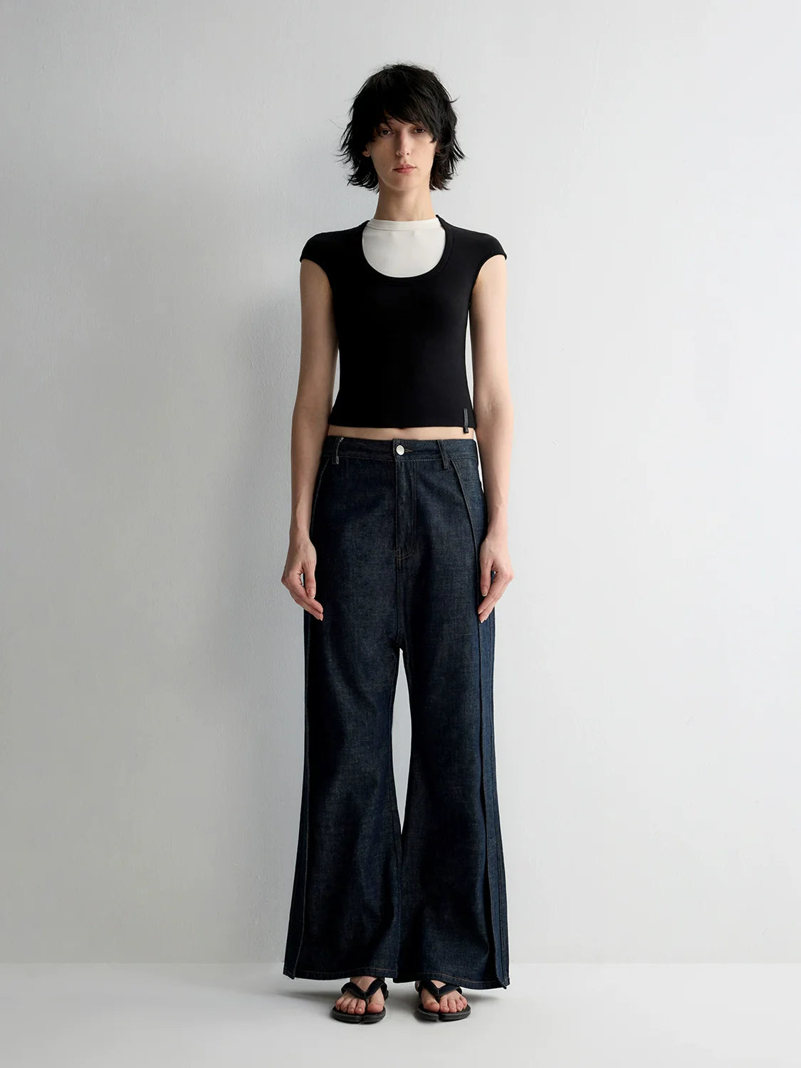 Deep U-Neck Ruffled Short Sleeve T-shirt