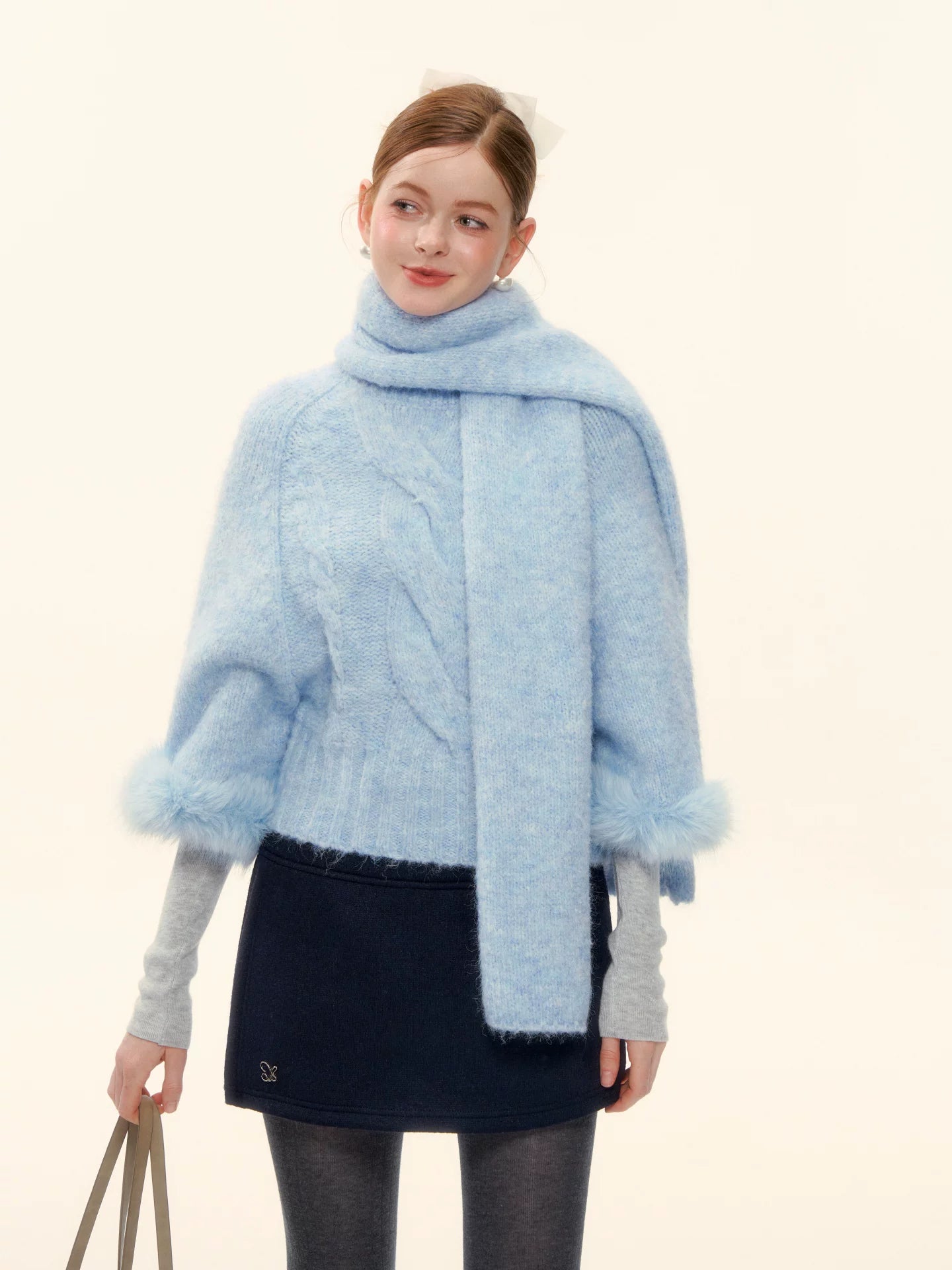 Wool-Blend Cable Knit Batwing Sweater Scarf Set