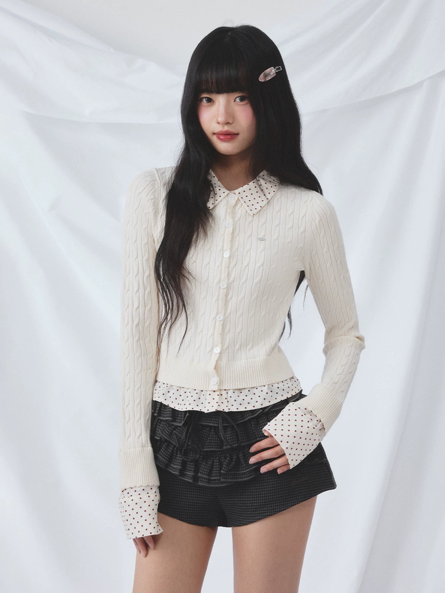 Polka Dot Faux Two-Piece Cardigan