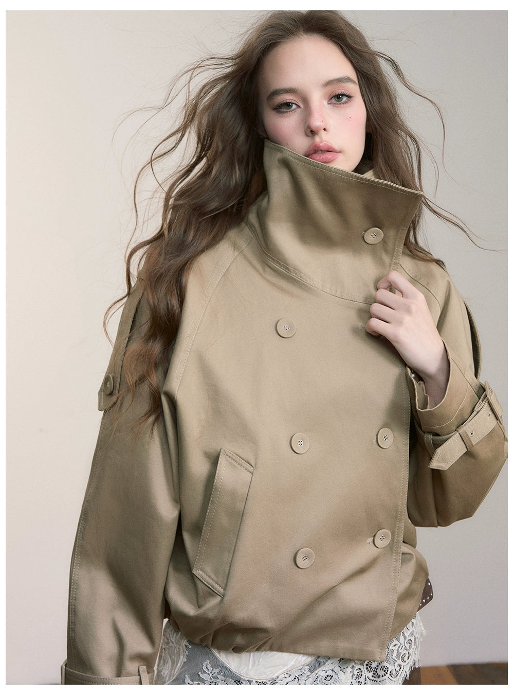 Vintage Pleated Stand Collar Jacket