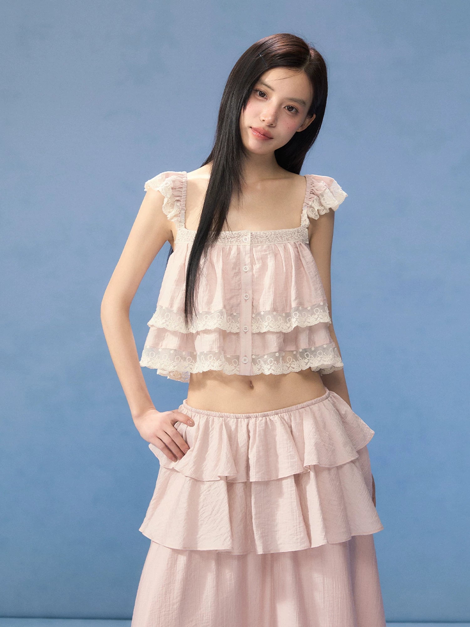 Pink Lace Square Neck Top & Skirt Set