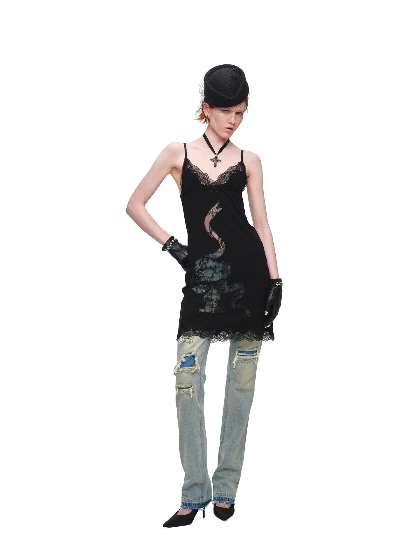 Black Lace Patch Knit Dress