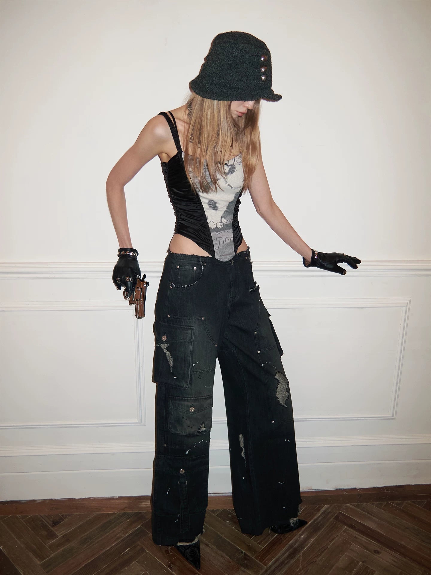 Multi-Pocket Washed Denim Pants