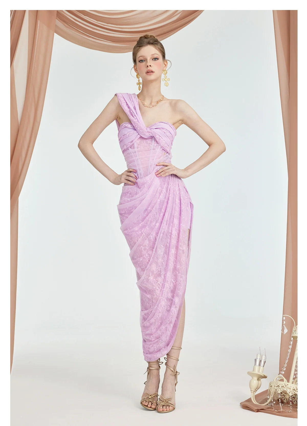 Lillian Lace Chiffon Mesh Knot Dress