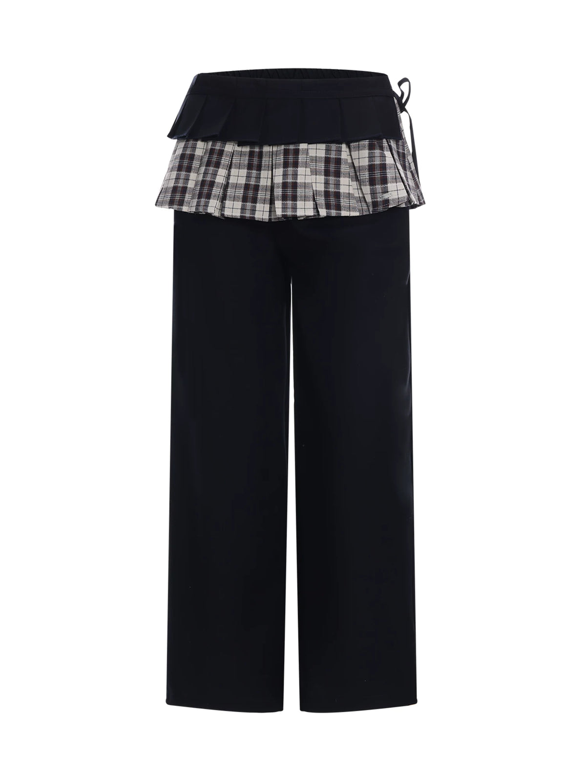 Navy Blue Plaid Panel Straight Pants
