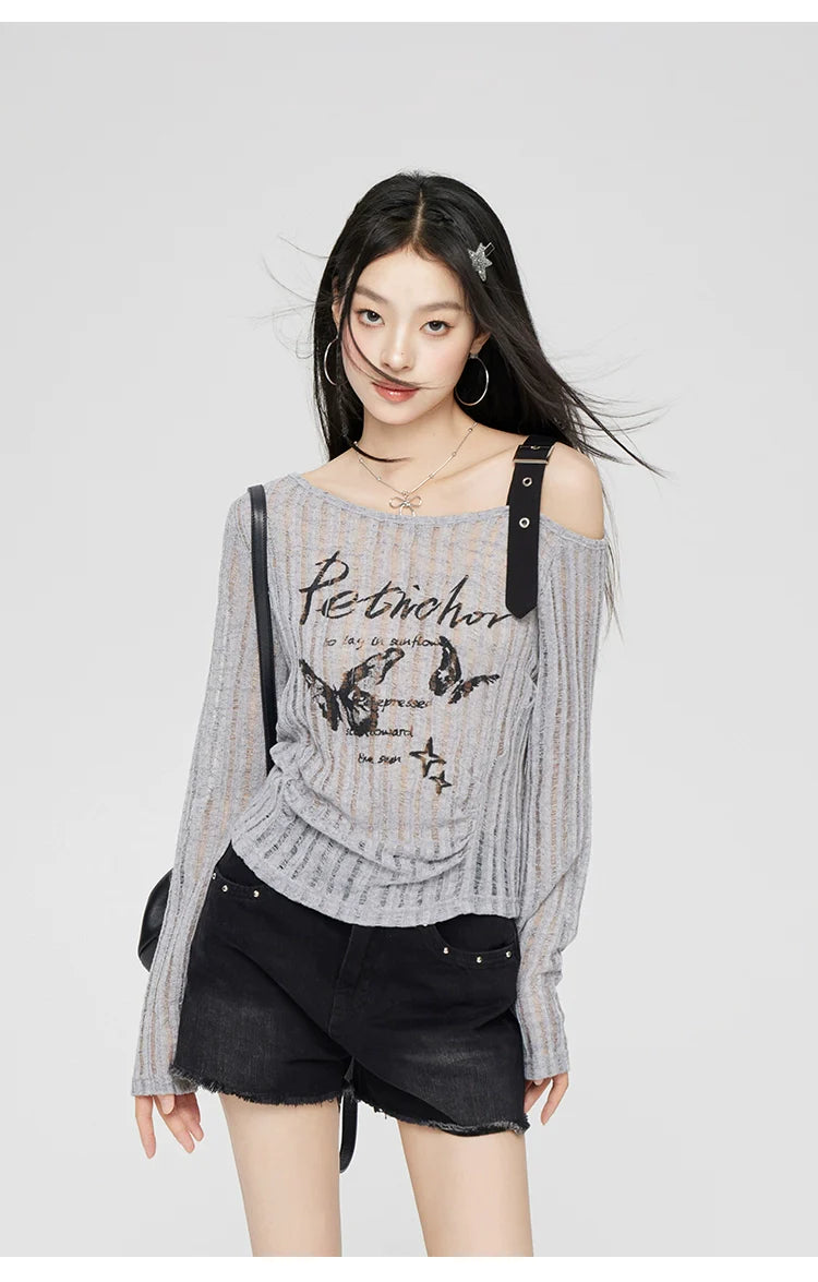 Gray & Beige Hollow Off-shoulder Long Sleeve T-shirt