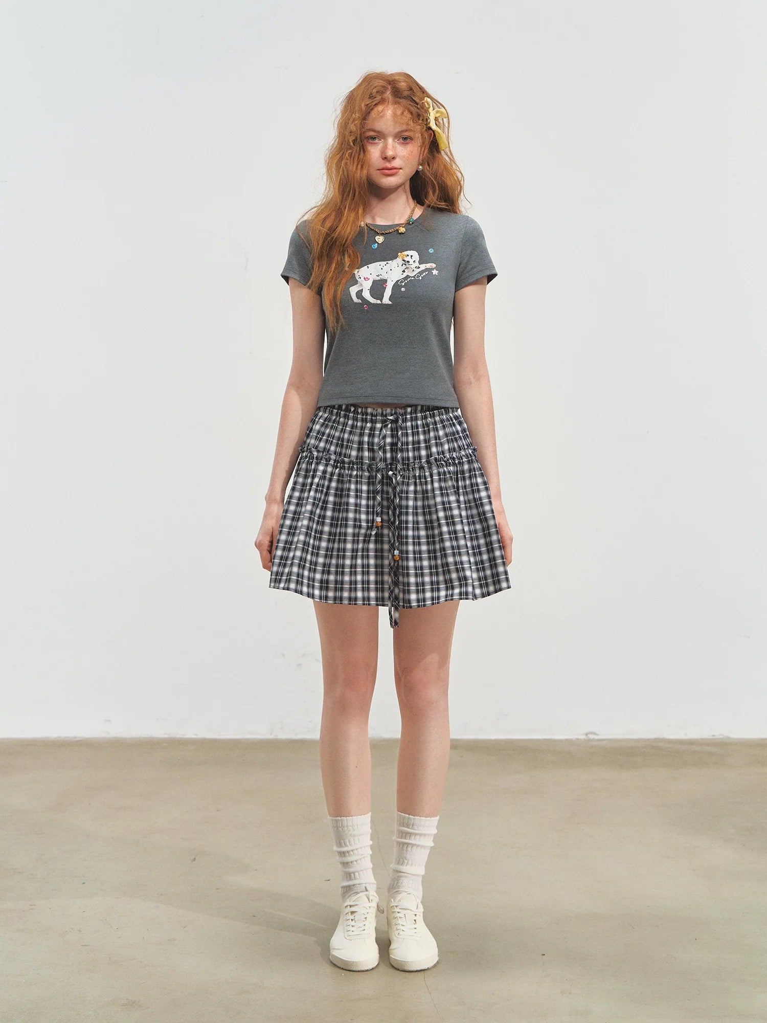 Checkered Ruffle A - Line Midi Skirt