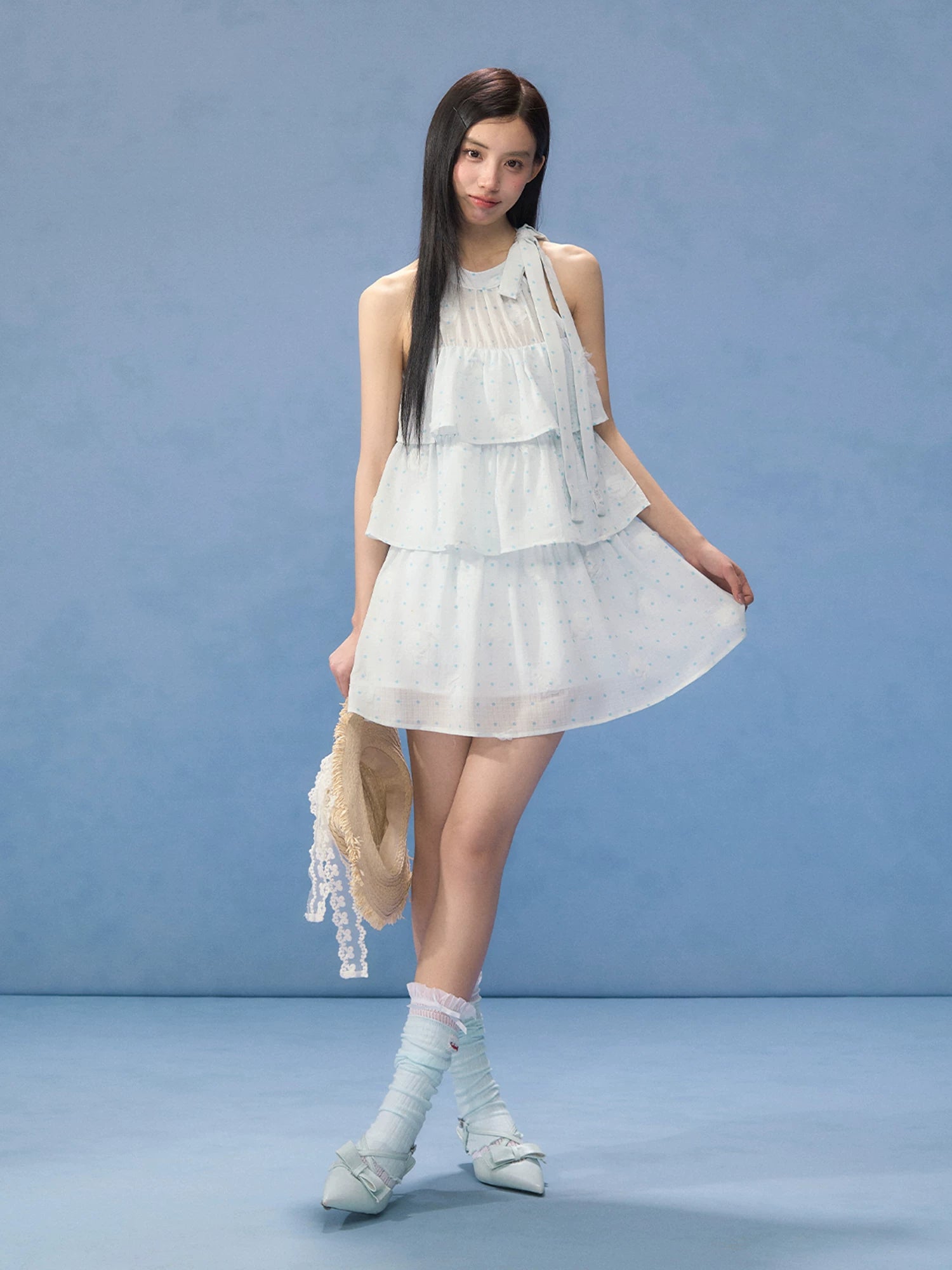 Light Blue Polka Dot Halter Dress