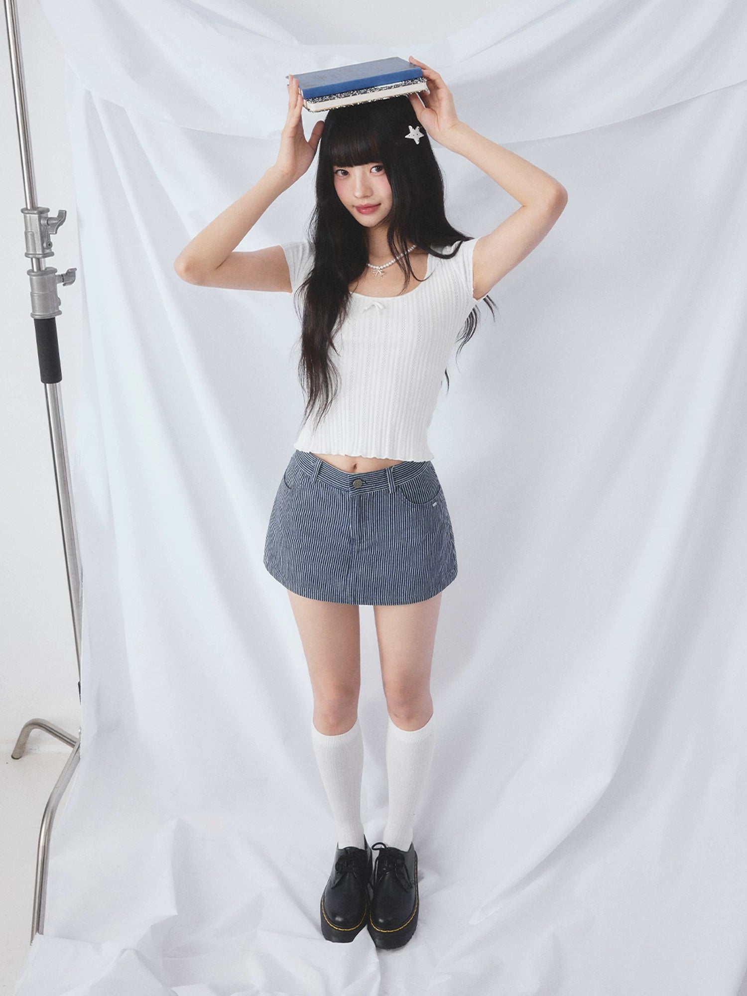 Blue Striped Denim Skirt