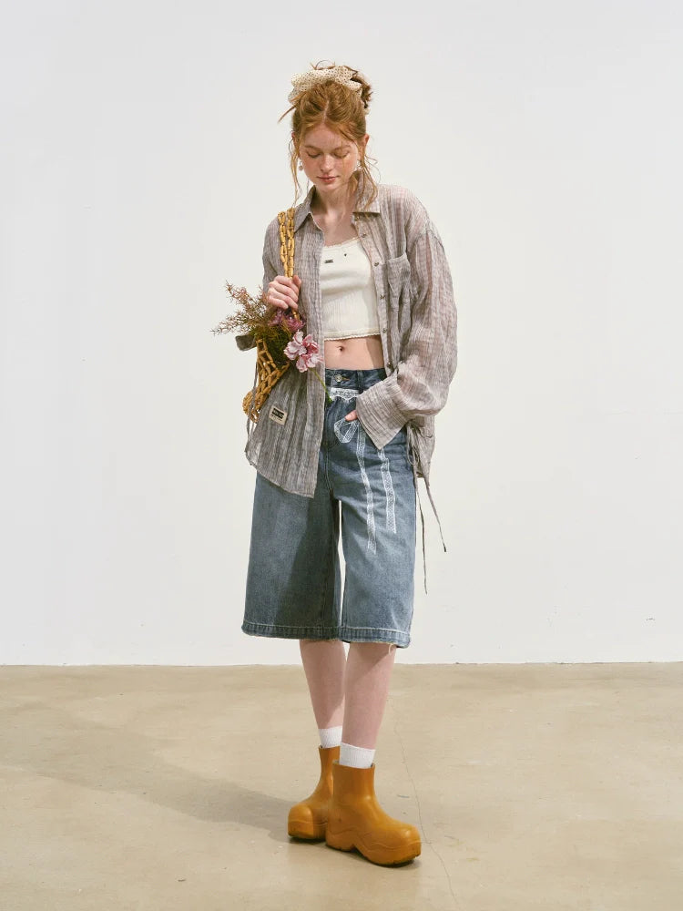 Imitation-Lace Printed High-Waist Denim Mid-Length Pants