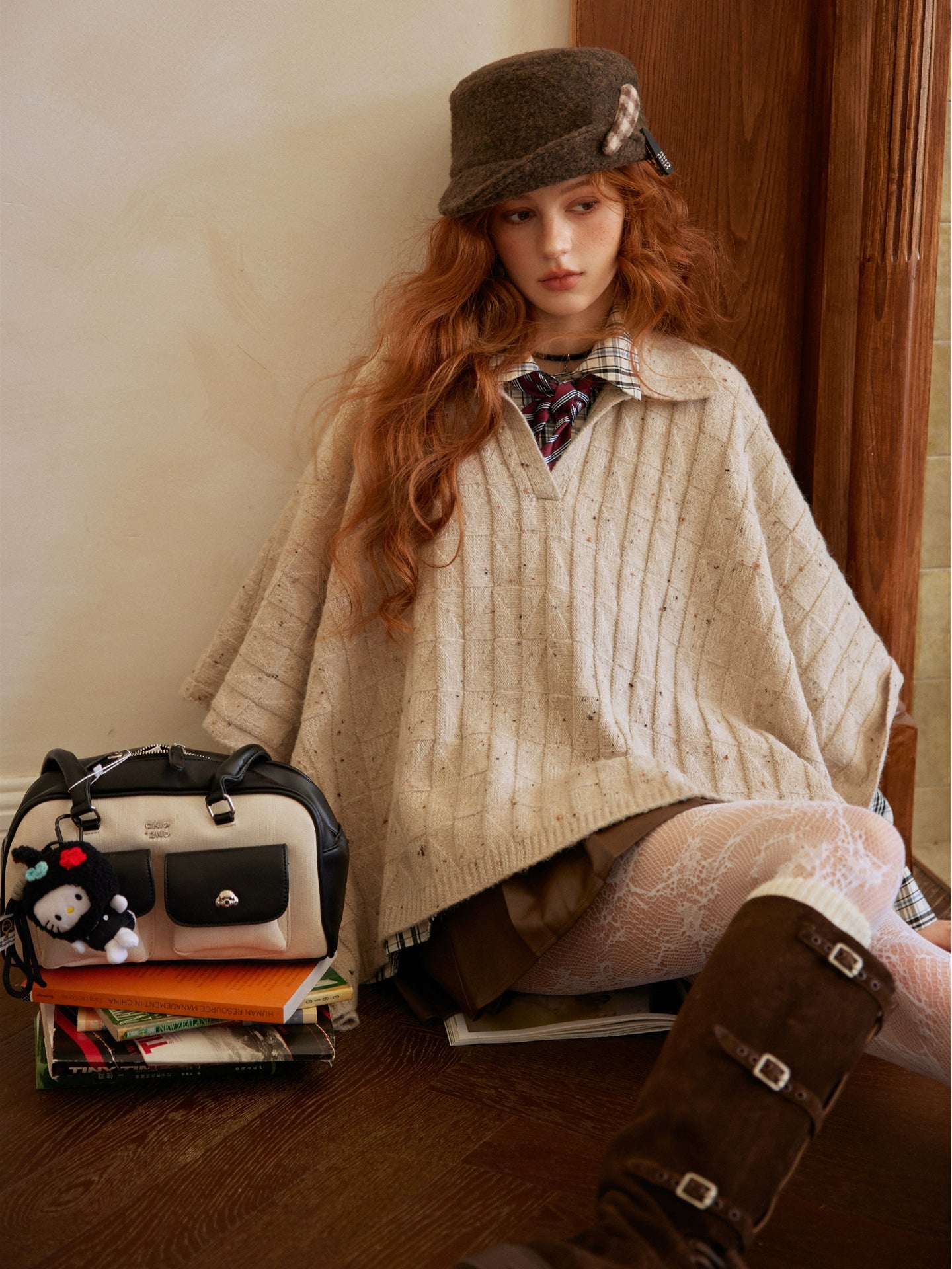 Oatmeal Jacquard Wool Knit Cape