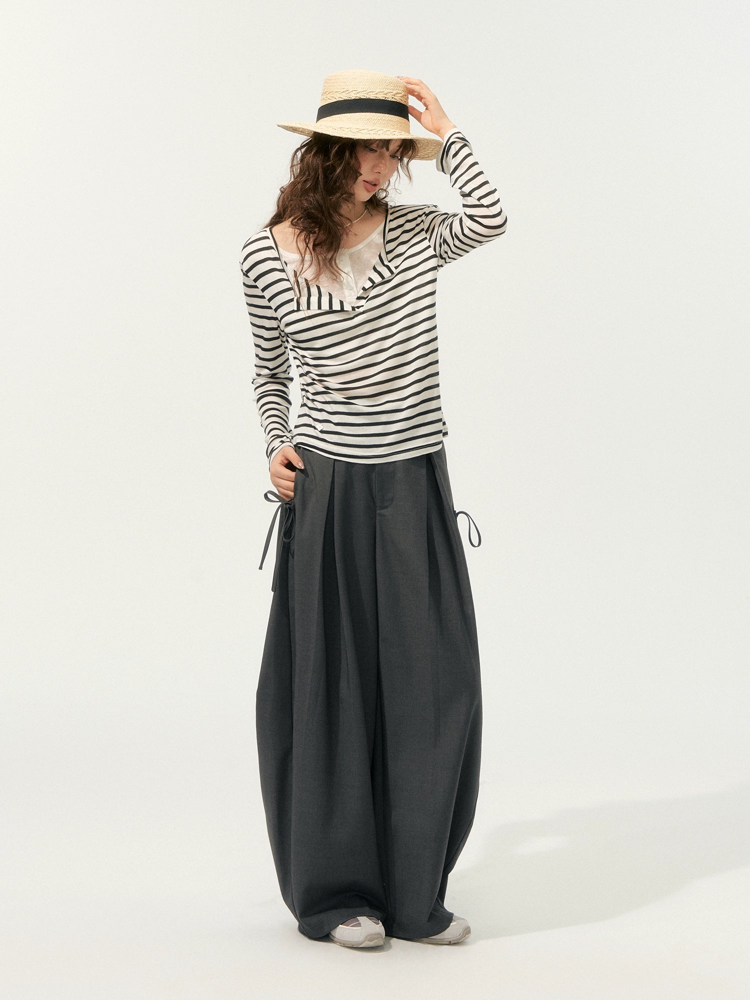 Fake Two-Piece V-Swing Neck Striped T-Shirt