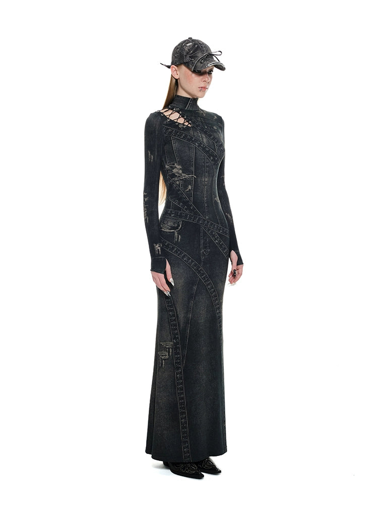 Denim Print Long High Neck Dress