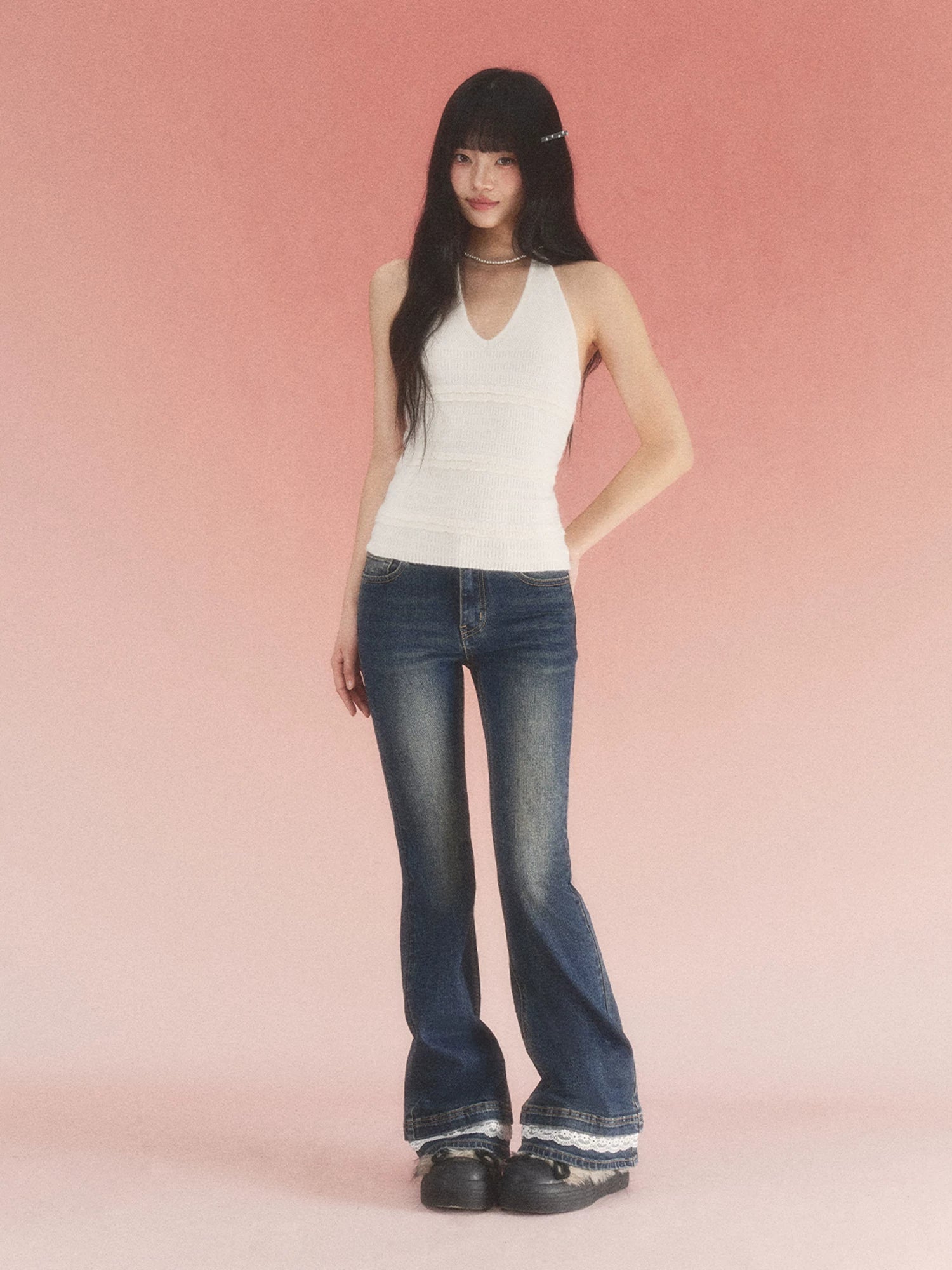 Navy Blue Lace Flared Jeans