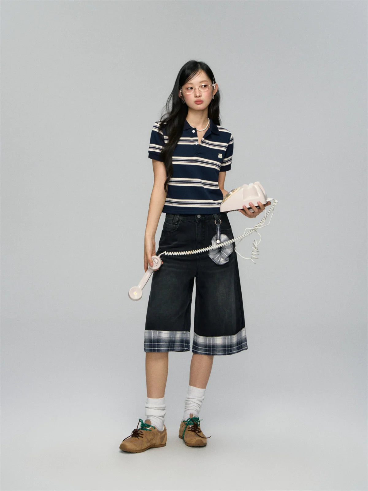 Checkered Patchwork Color-Blocking Wide-Leg Pants Set