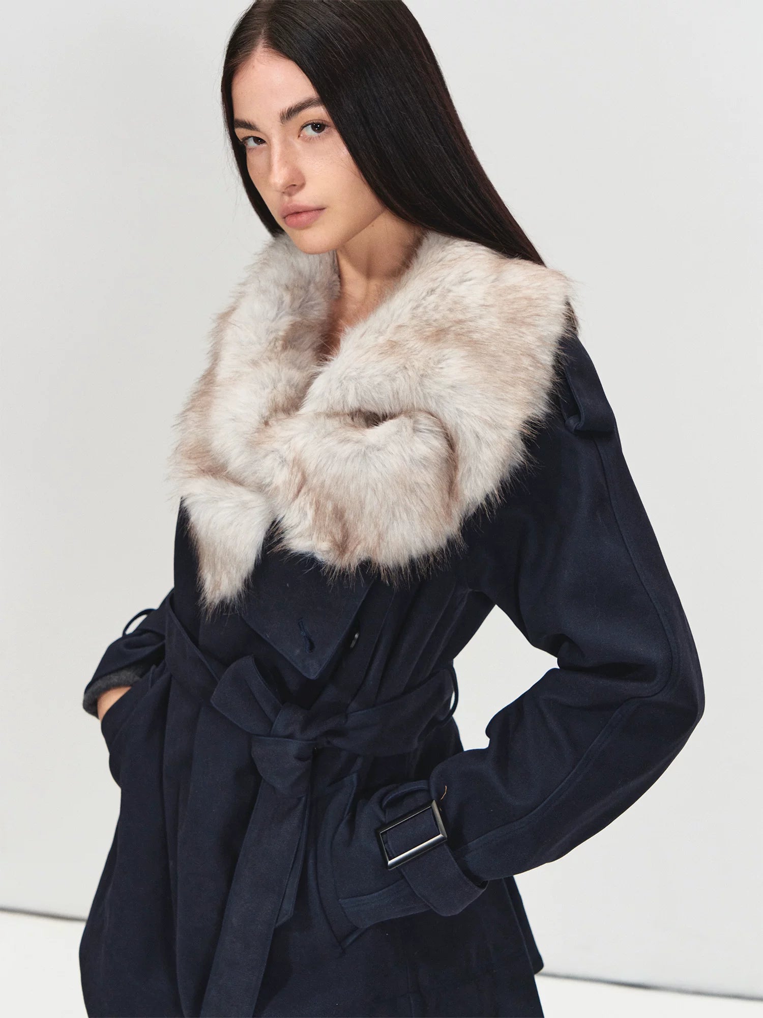 Navy Blue Suede Trench Coat