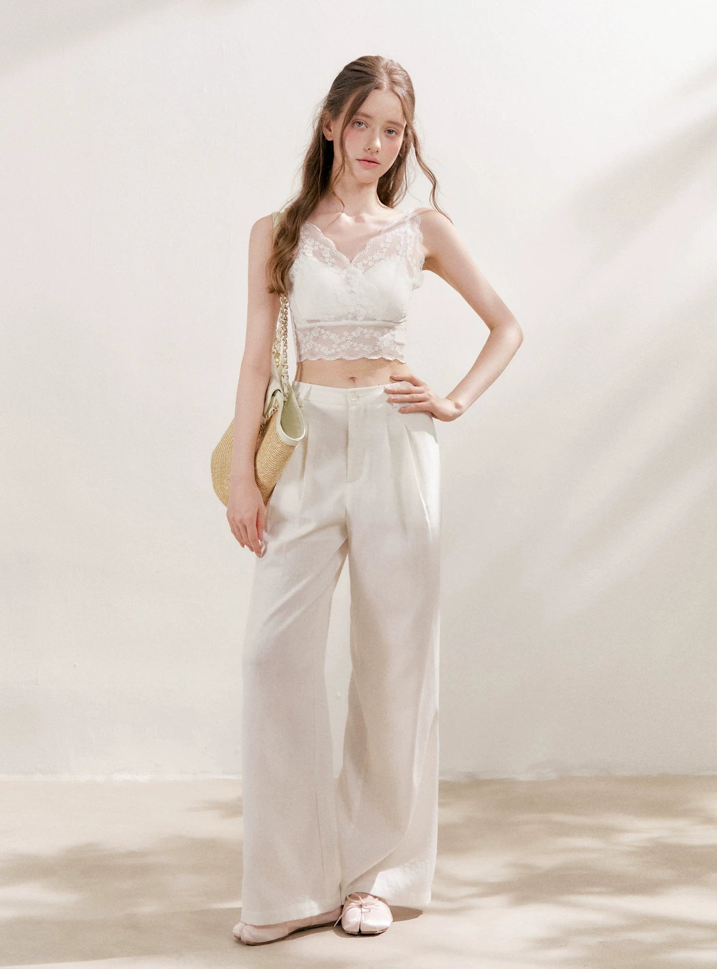 White Pleated Wide-Leg Pants