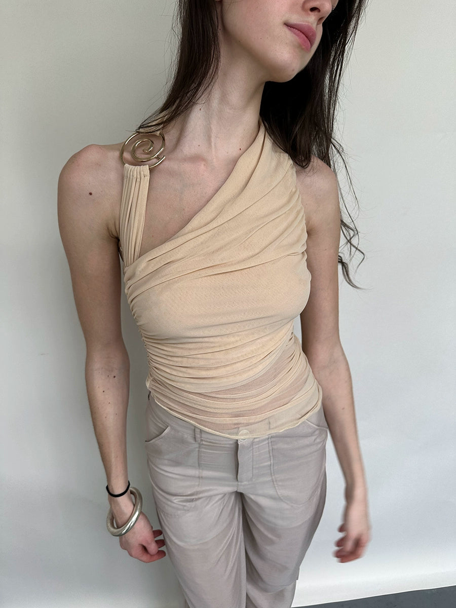 Metal Ring Halter Mesh Pleated Blouse