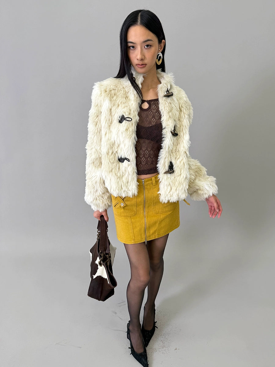 Faux-Fur Stand-Collar Toggle Cropped Jacket