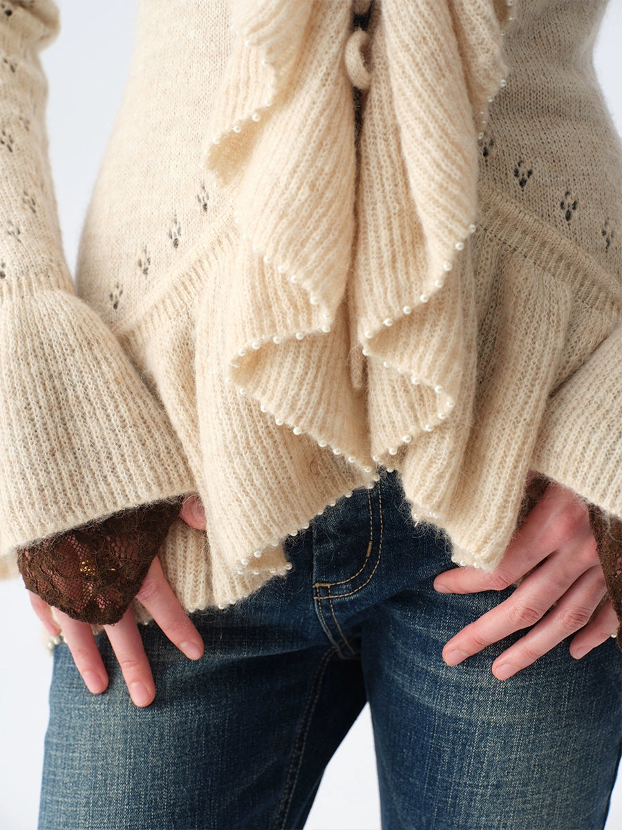 Two-Tone Openwork Ruffle Longline Cardigan
