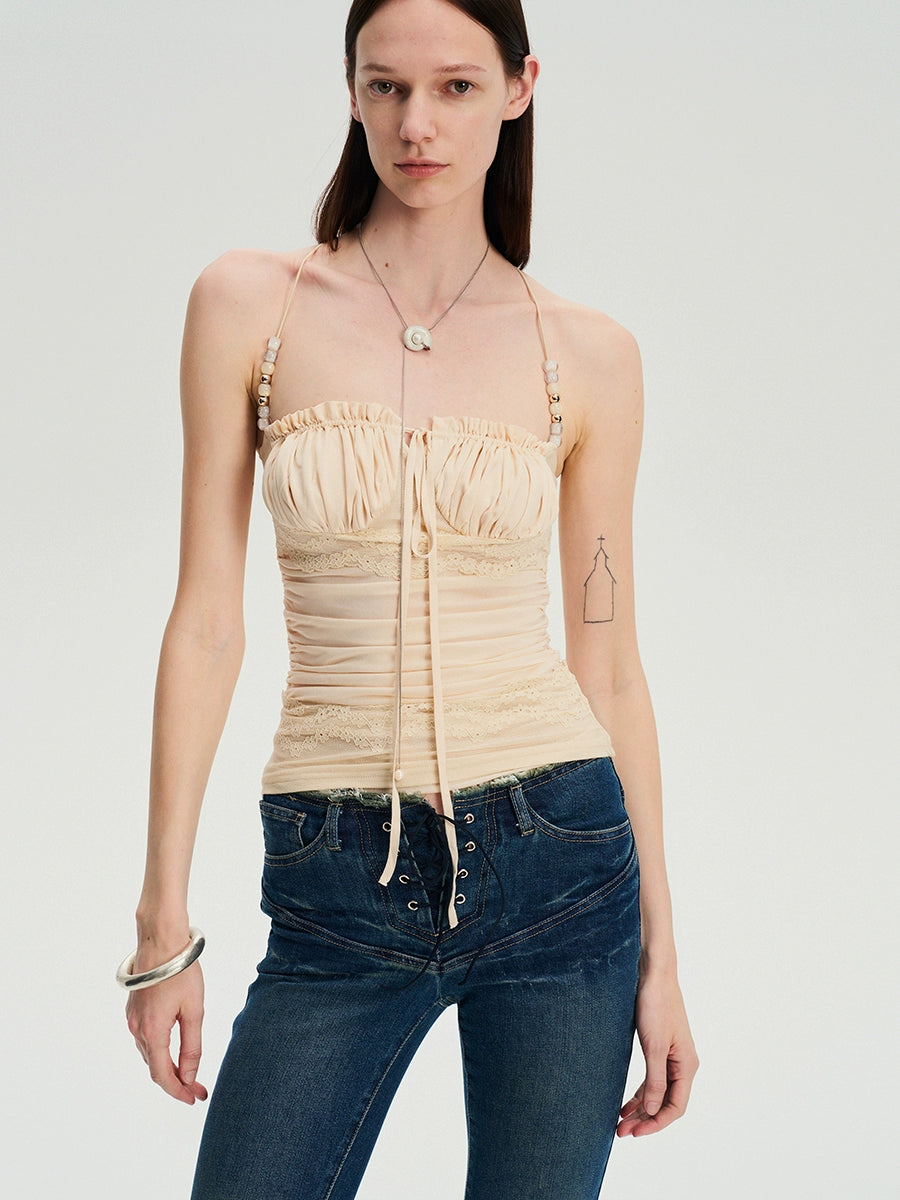 Beaded Strap Lace Splicing Acetate Cami Top