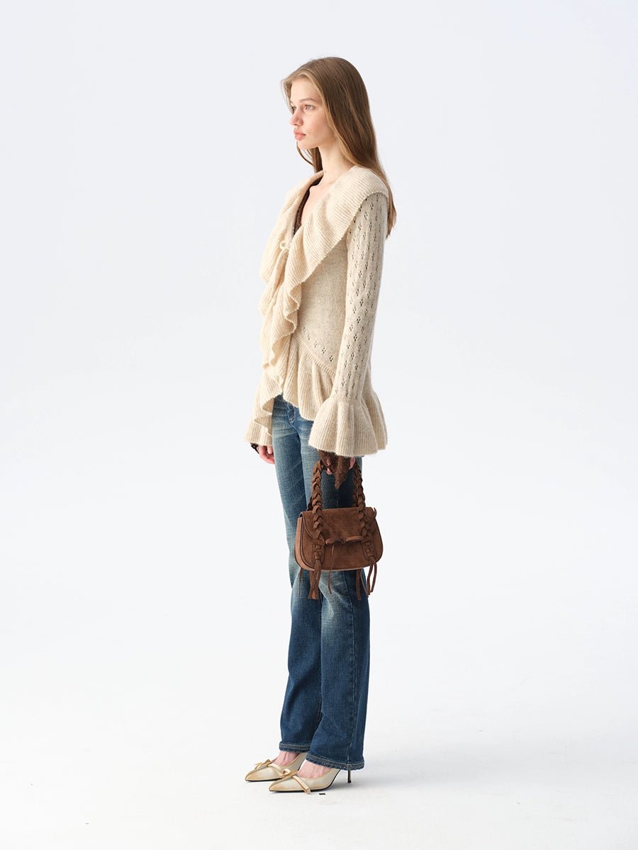 Two-Tone Openwork Ruffle Longline Cardigan