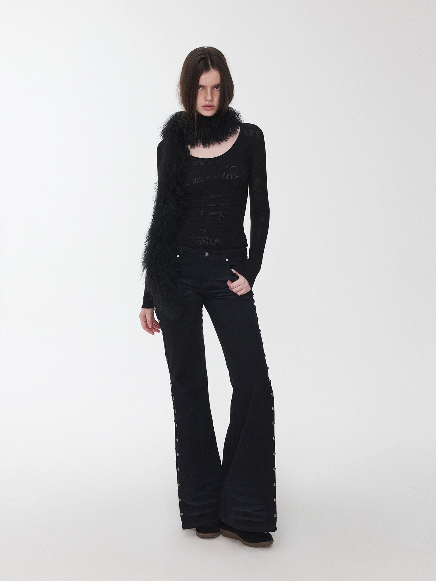 Studded Flared Denim Whisker Detailing Jeans