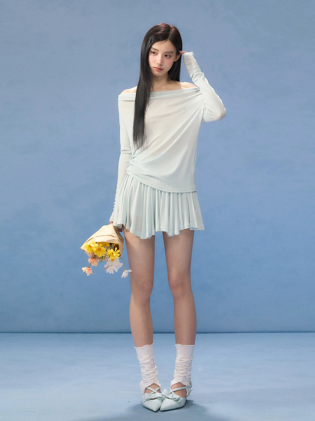 Blue One-Shoulder Blouse & Skirt Set