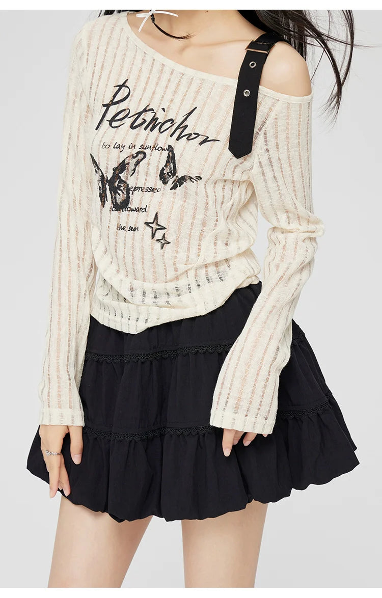 Gray & Beige Hollow Off-shoulder Long Sleeve T-shirt