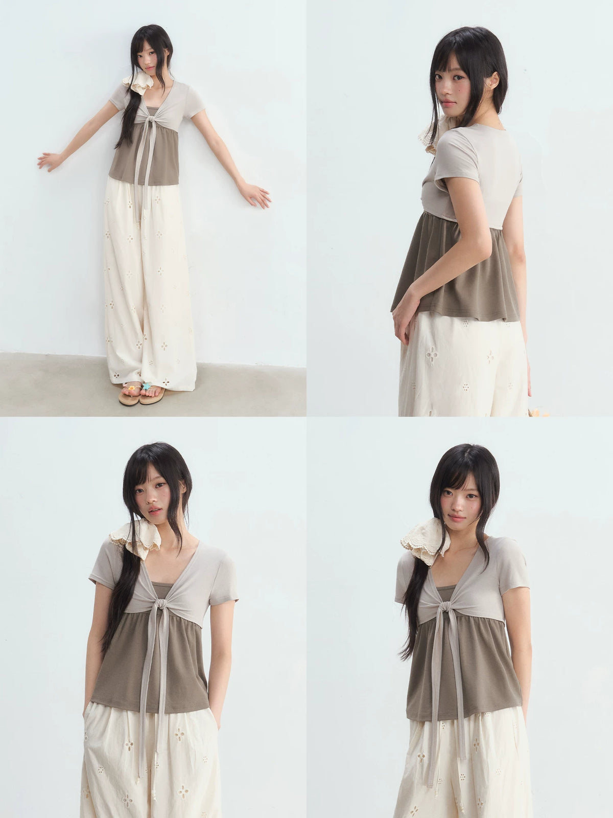 Fake Two-Piece Tie Blouse & Pants Set