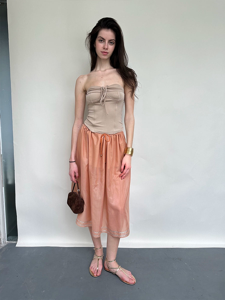 Orange Tencel Embroidered Beaded Skirt