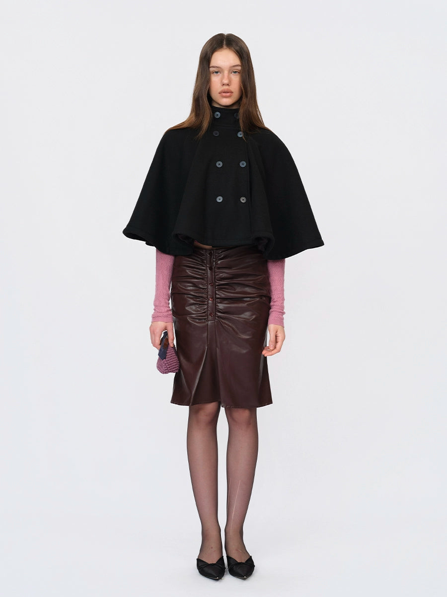 Black Wool Short Double-breasted Cape