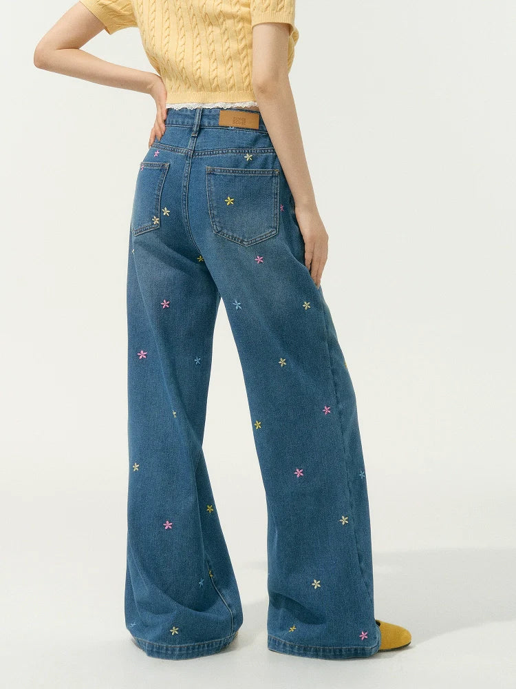 Embroidered High-Waisted Wide-Leg Pants