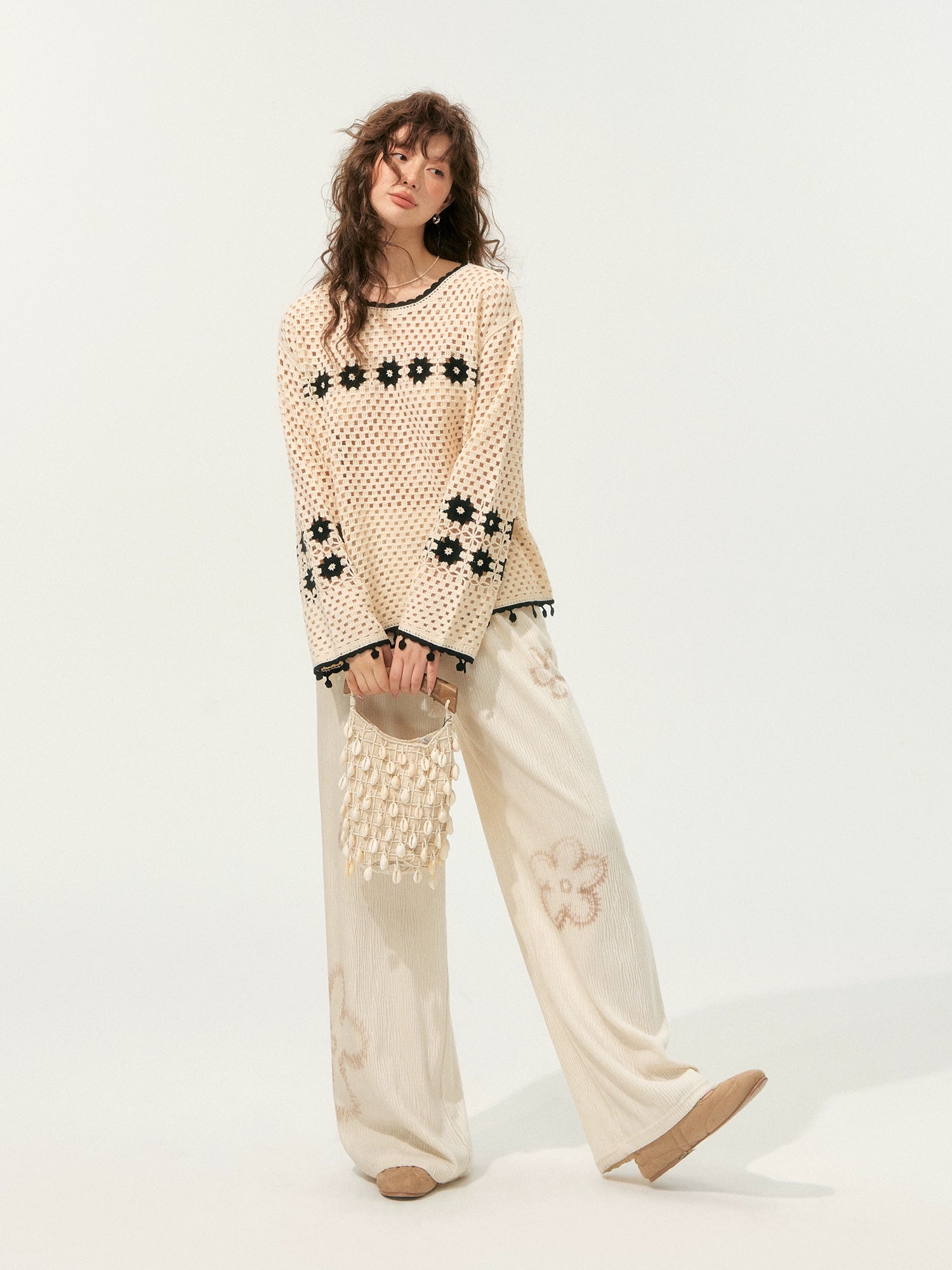 Hollow Out Pullover Crochet Crew Neck Sweater