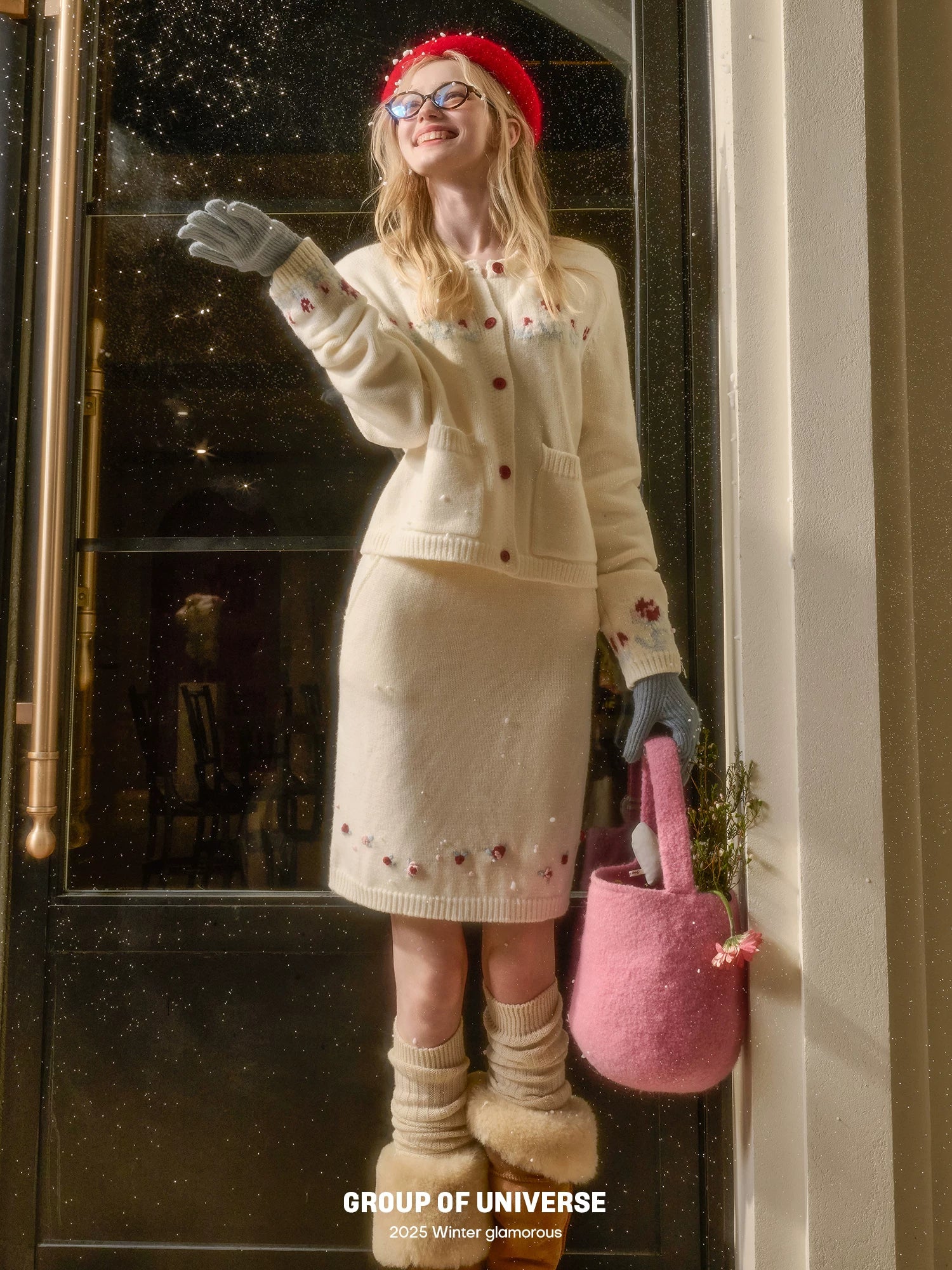 Fair Isle Rose Embroidered Cardigan & Skirt Set