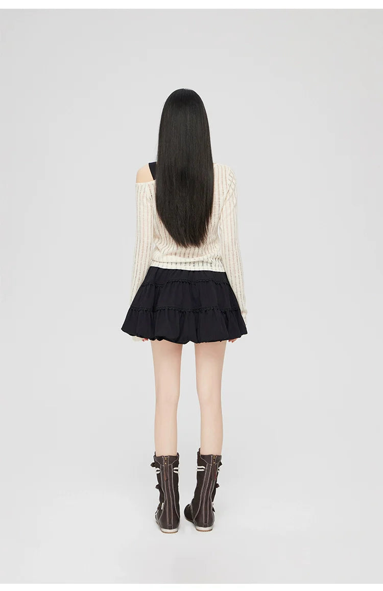 Gray & Beige Hollow Off-shoulder Long Sleeve T-shirt