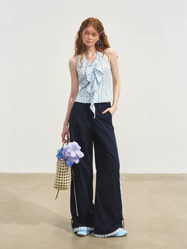 Floral-Patchwork Lightweight Checkered Utility Pants