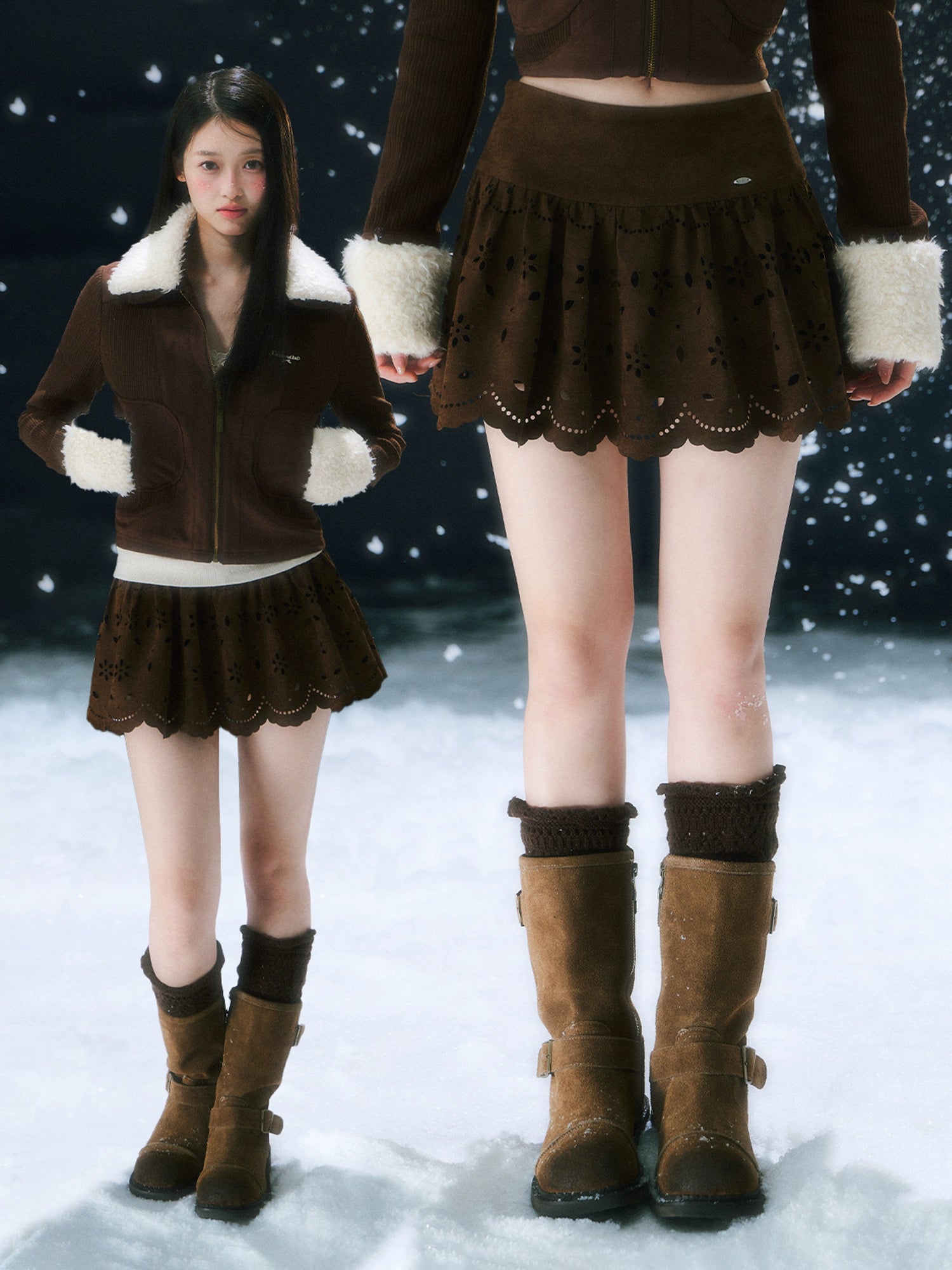 Brown Hollow Jacquard Mini Skirt