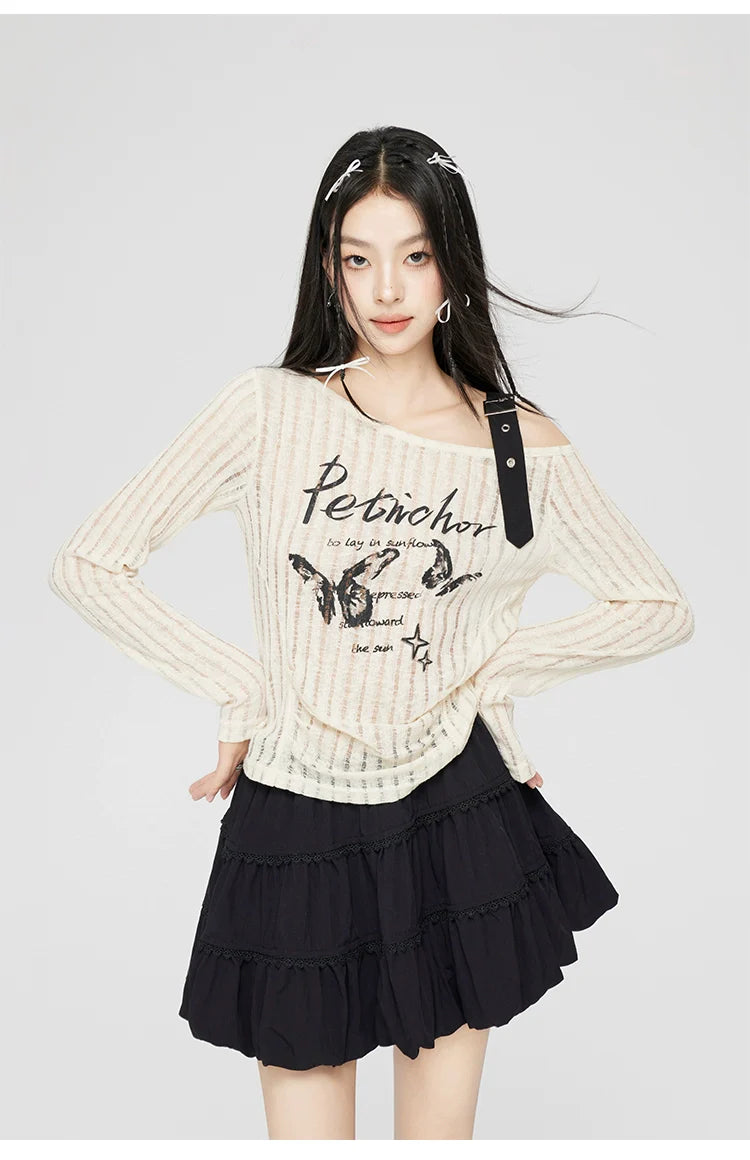 Gray & Beige Hollow Off-shoulder Long Sleeve T-shirt