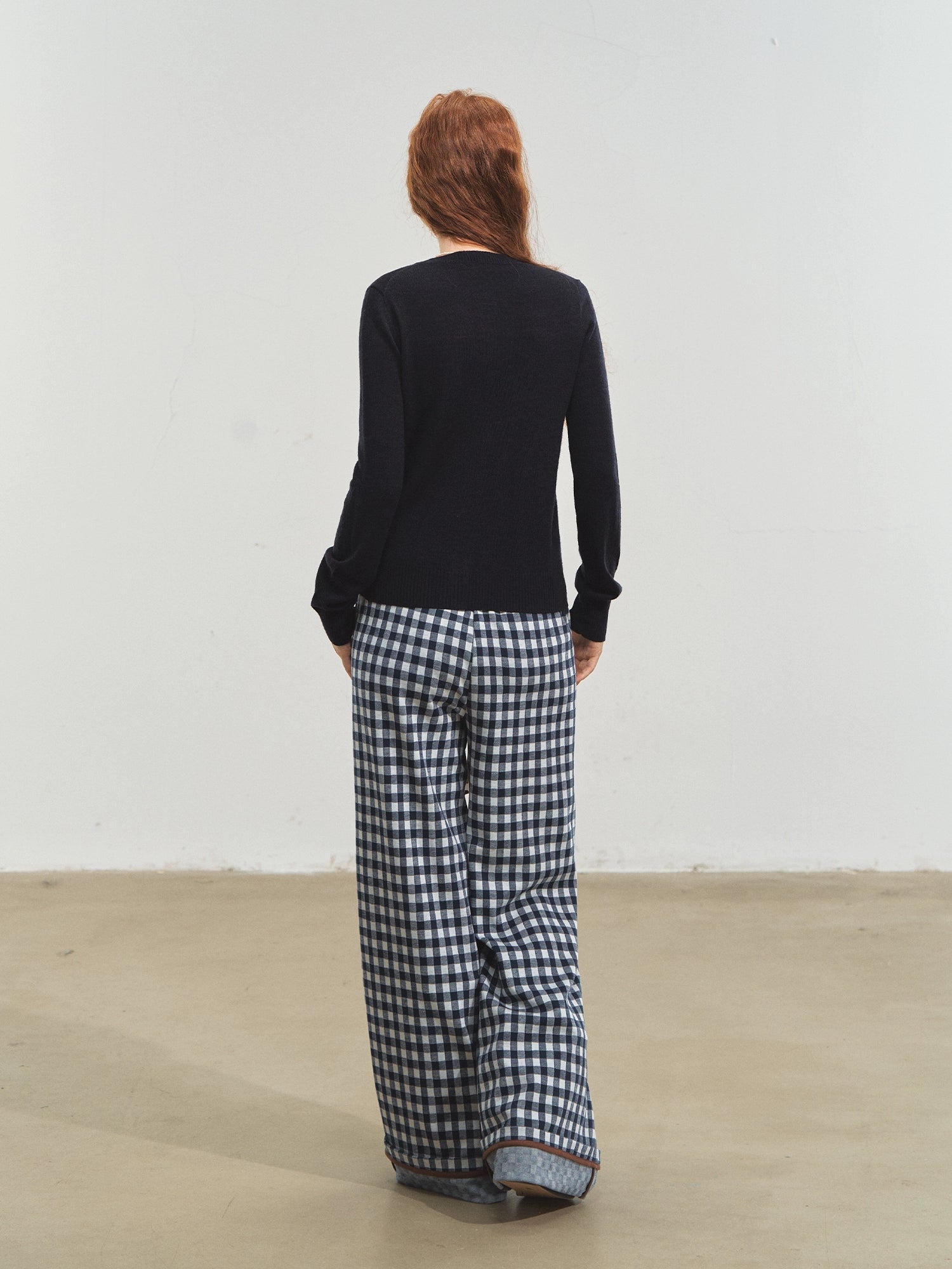 Blue Checkered Cuffed Wide-Leg Pants
