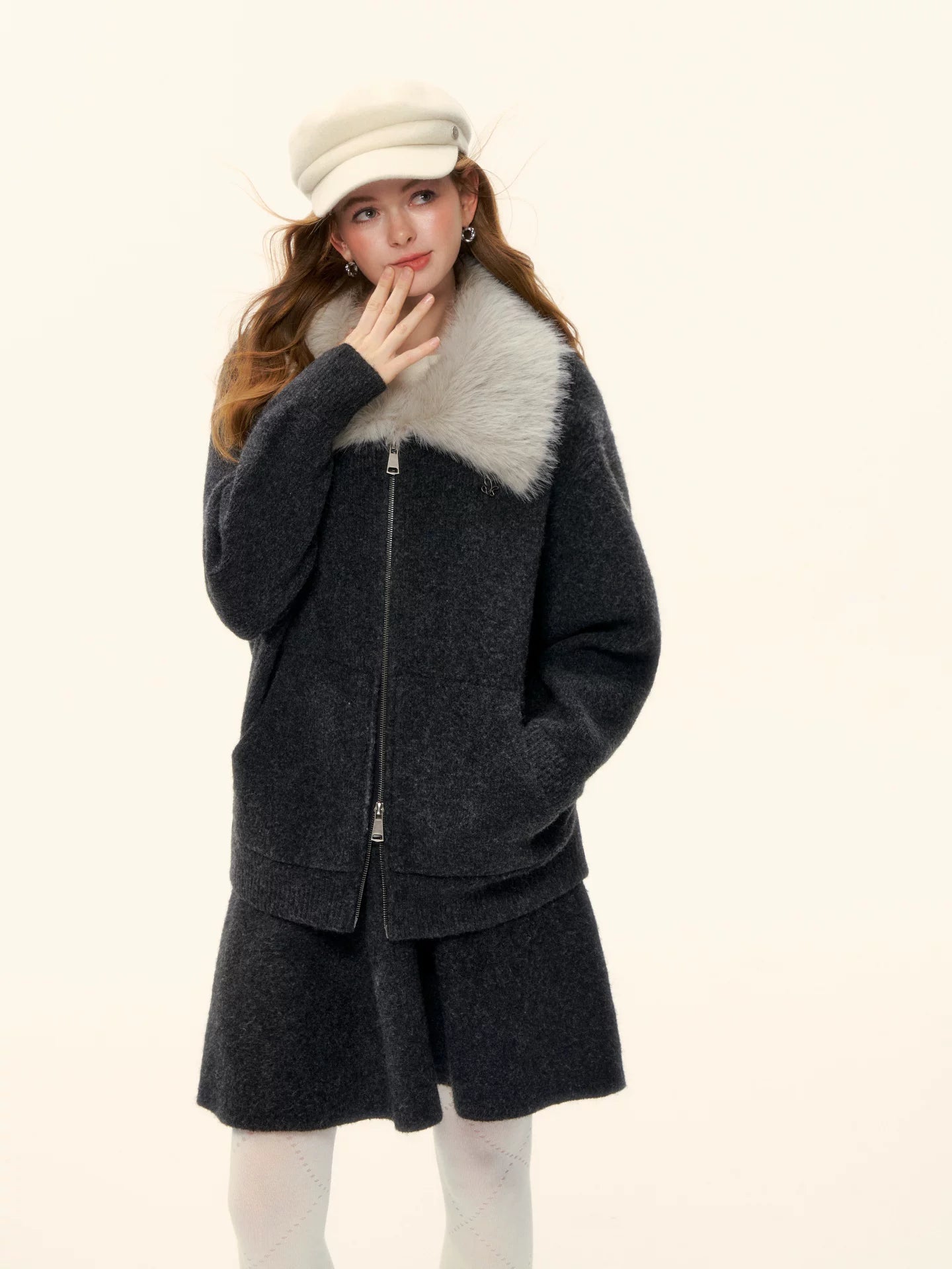 Wool-Blend Zip-Up Knit Jacket Set