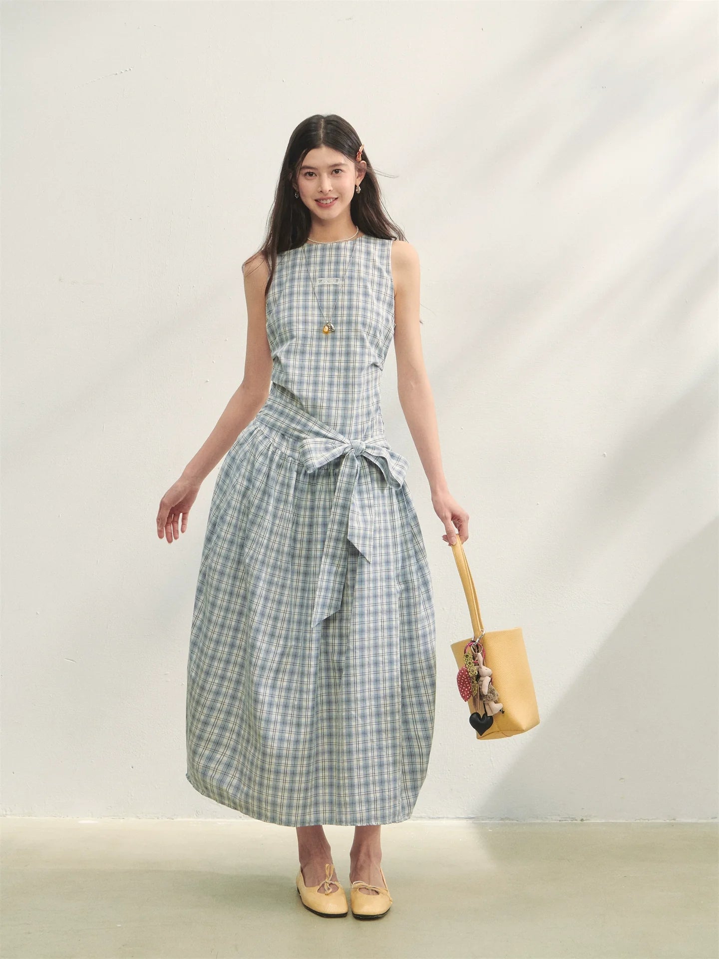 Belted Waist Checked Vest Dress