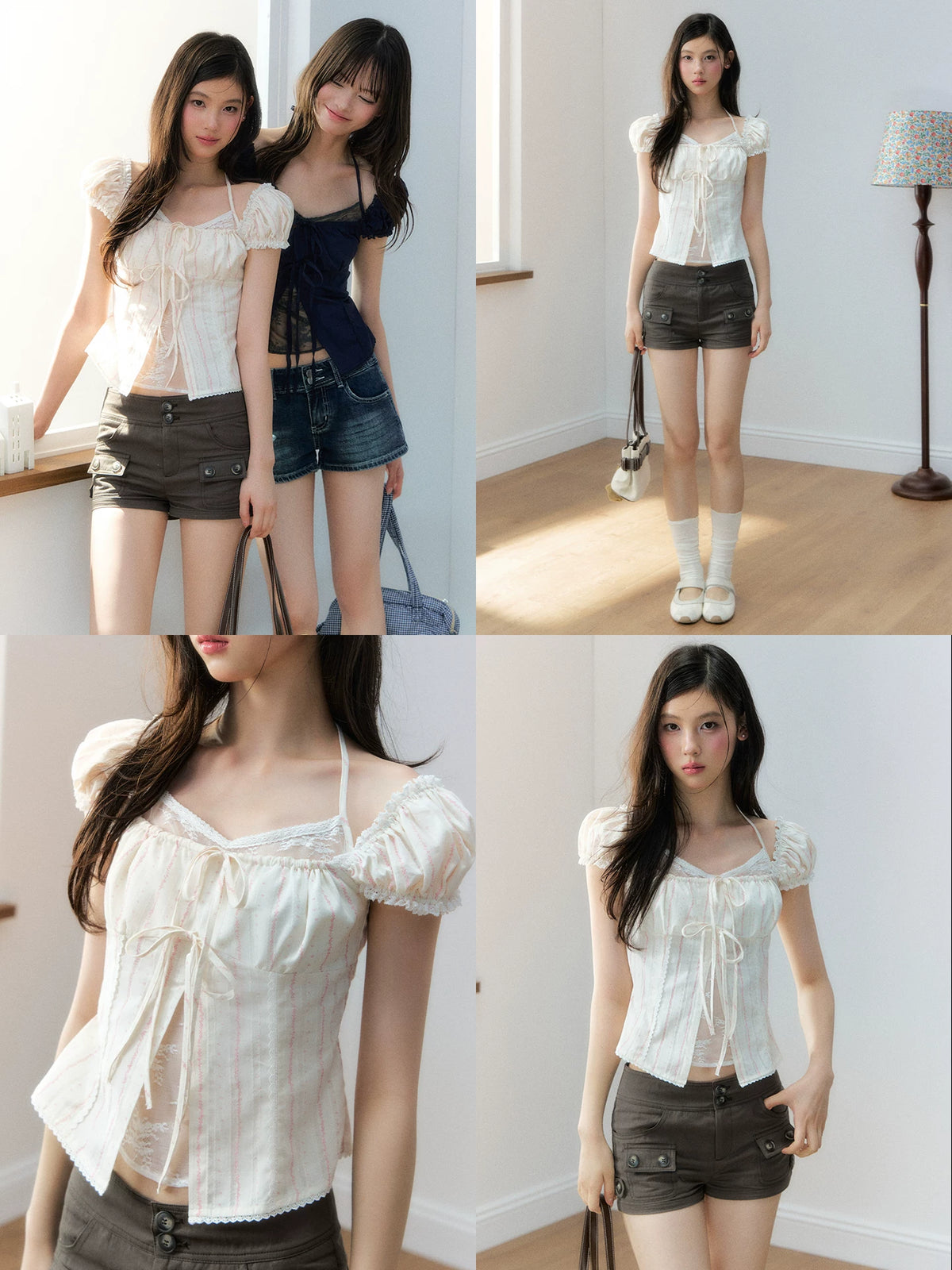 Layered Lace Bow Puff Top