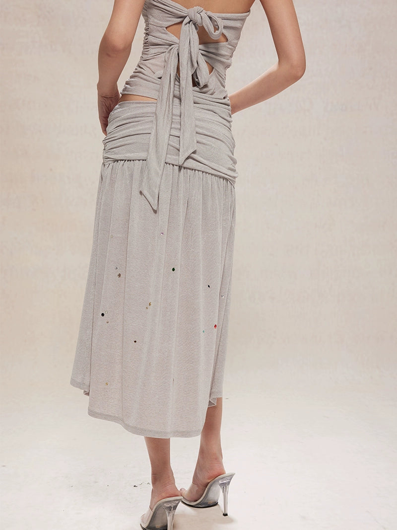 Rhinestone Strap Knit Tube Top & Skirt Set