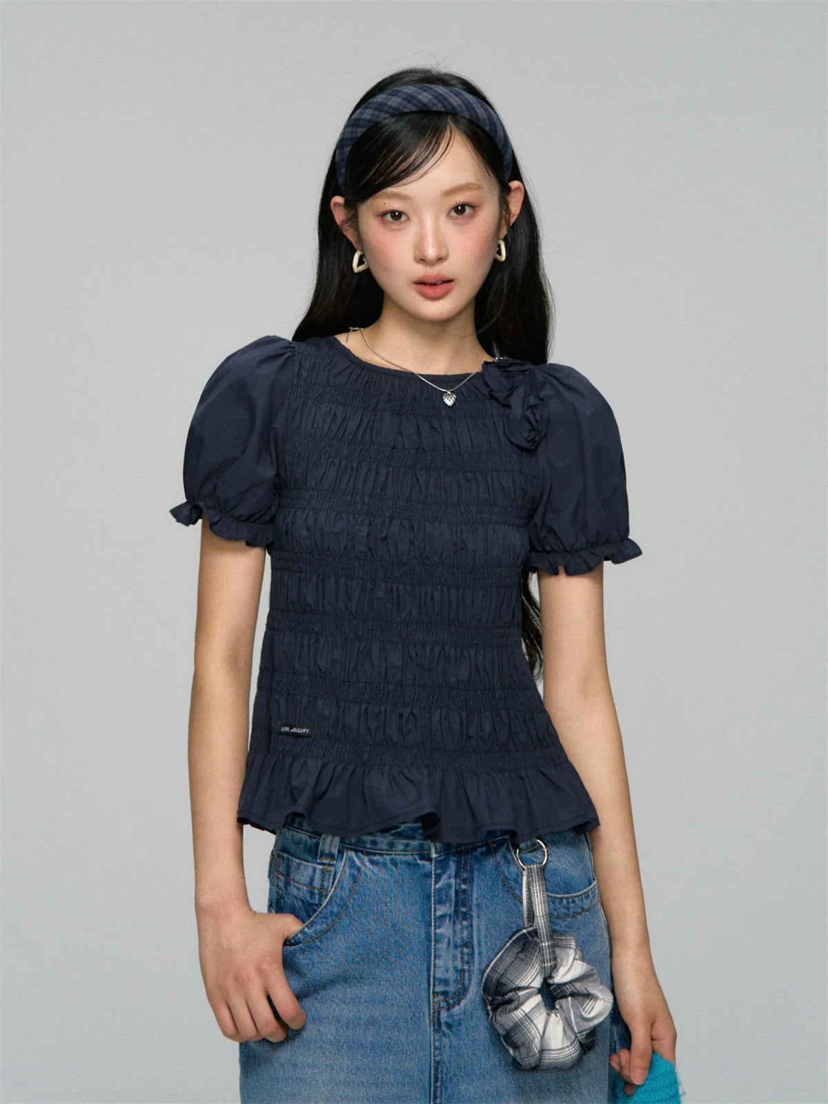 Three-Dimensional Flower Pleated Short-Sleeve Blouse