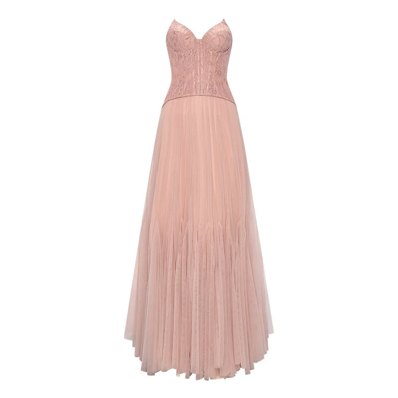 Heavy Lace Corset Mesh Maxi Dress