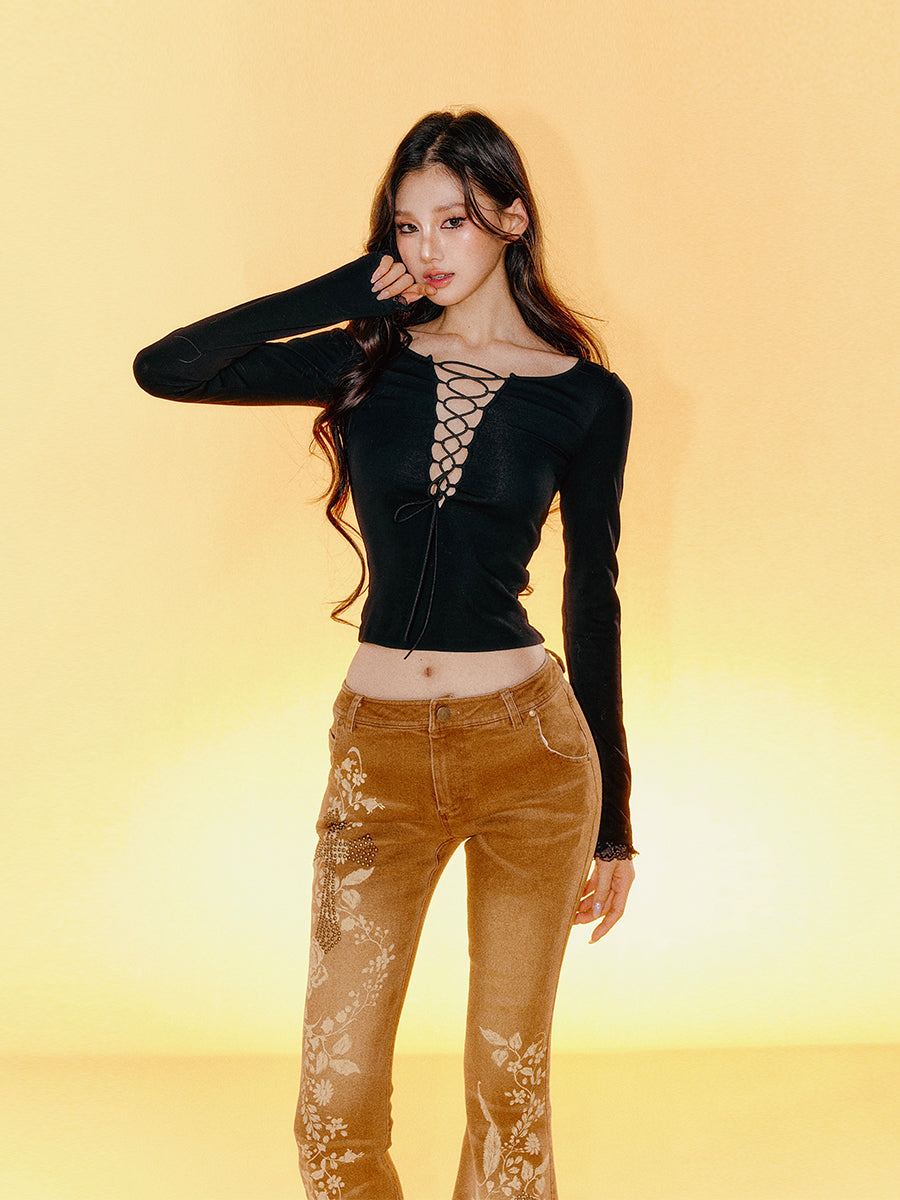 Lace Backless Tie-Up Long Sleeve T-shirt