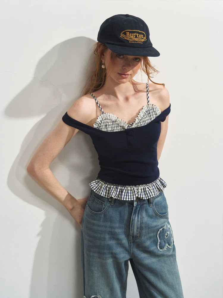 Plaid Halter Fake Two-Piece Inner Vest