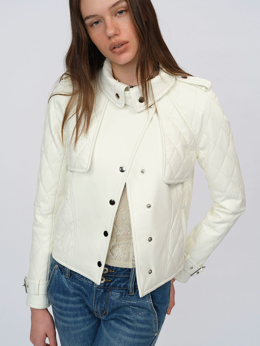 White Paneled Fitted Faux-Leather Jacket