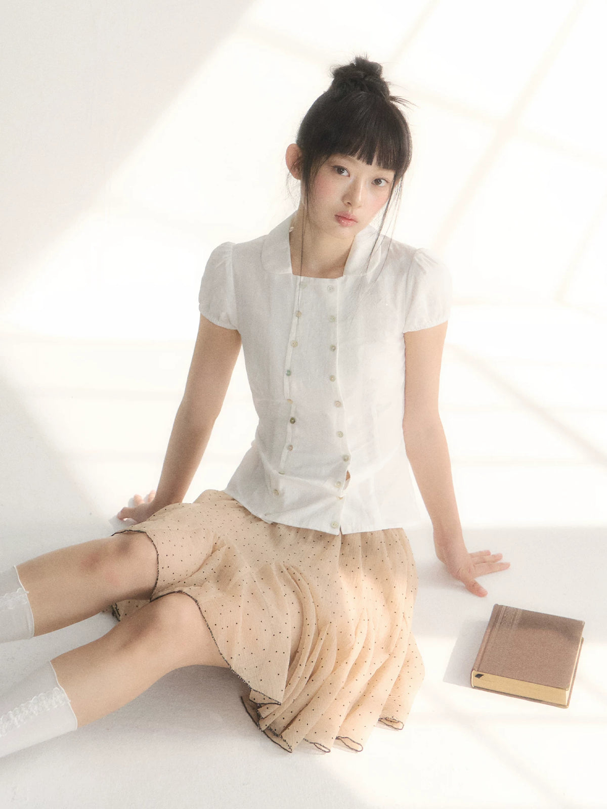 French Double-Button Puff Sleeve Shirt